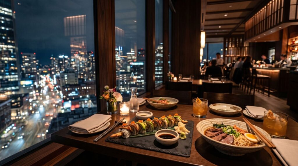 Stylish urban Asian restaurant table in the evening