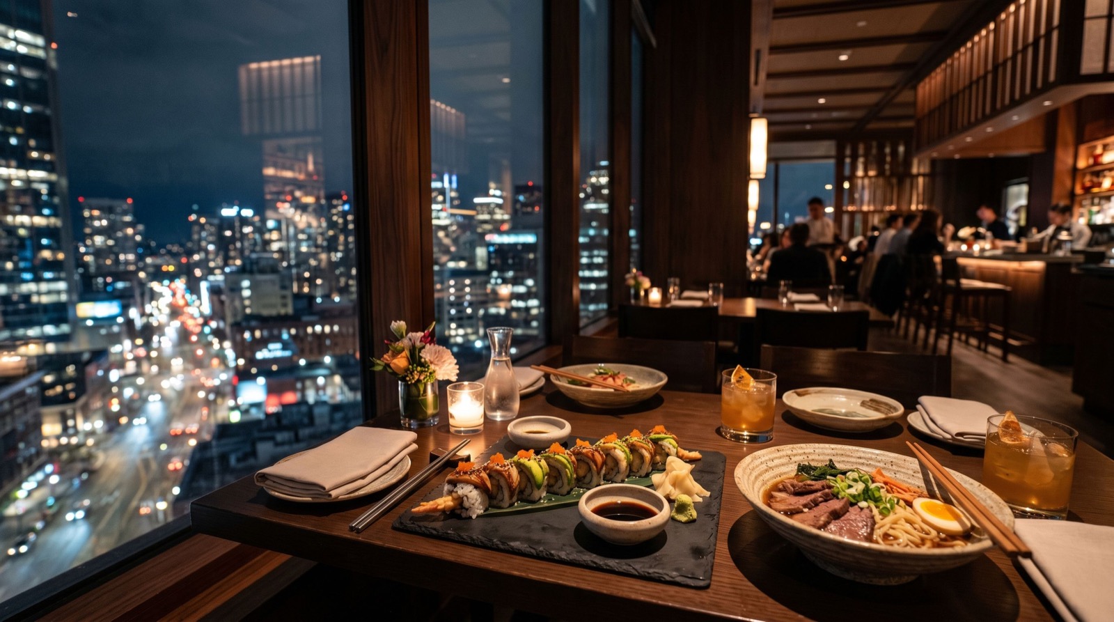 Stylish urban Asian restaurant table in the evening